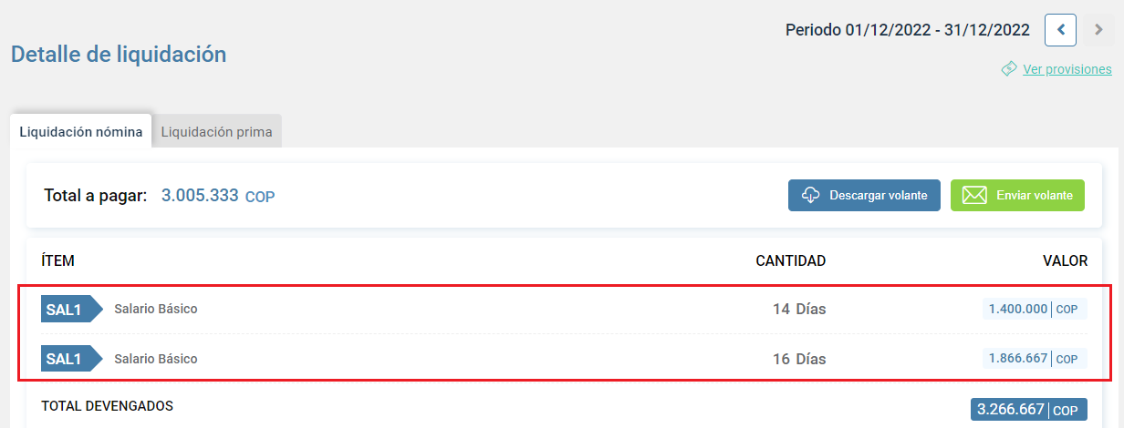 Línea de salario en la liquidación del empleado