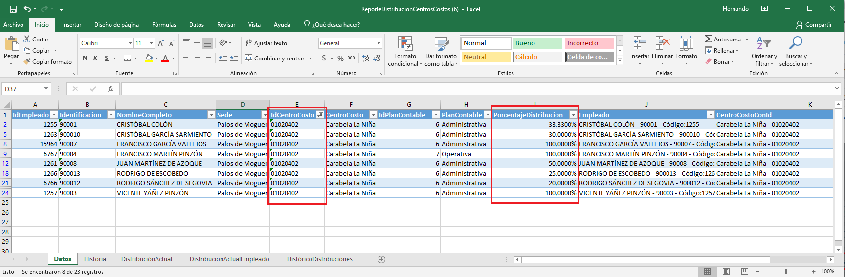 Filtrar en el Excel por el centro de costo trasladado