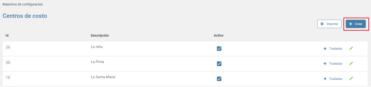 Opción para crear centros de costos