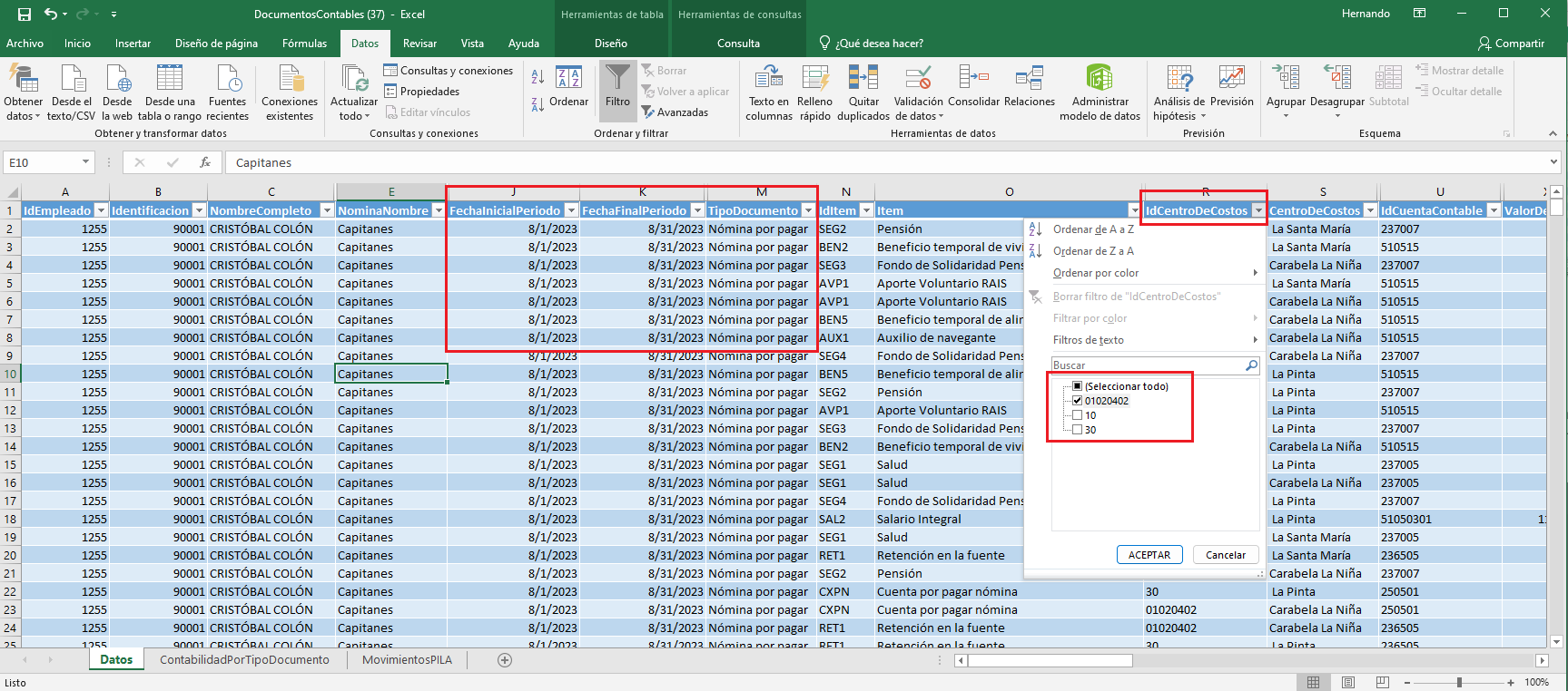 Filtrar en el Excel por el centro de costo trasladado