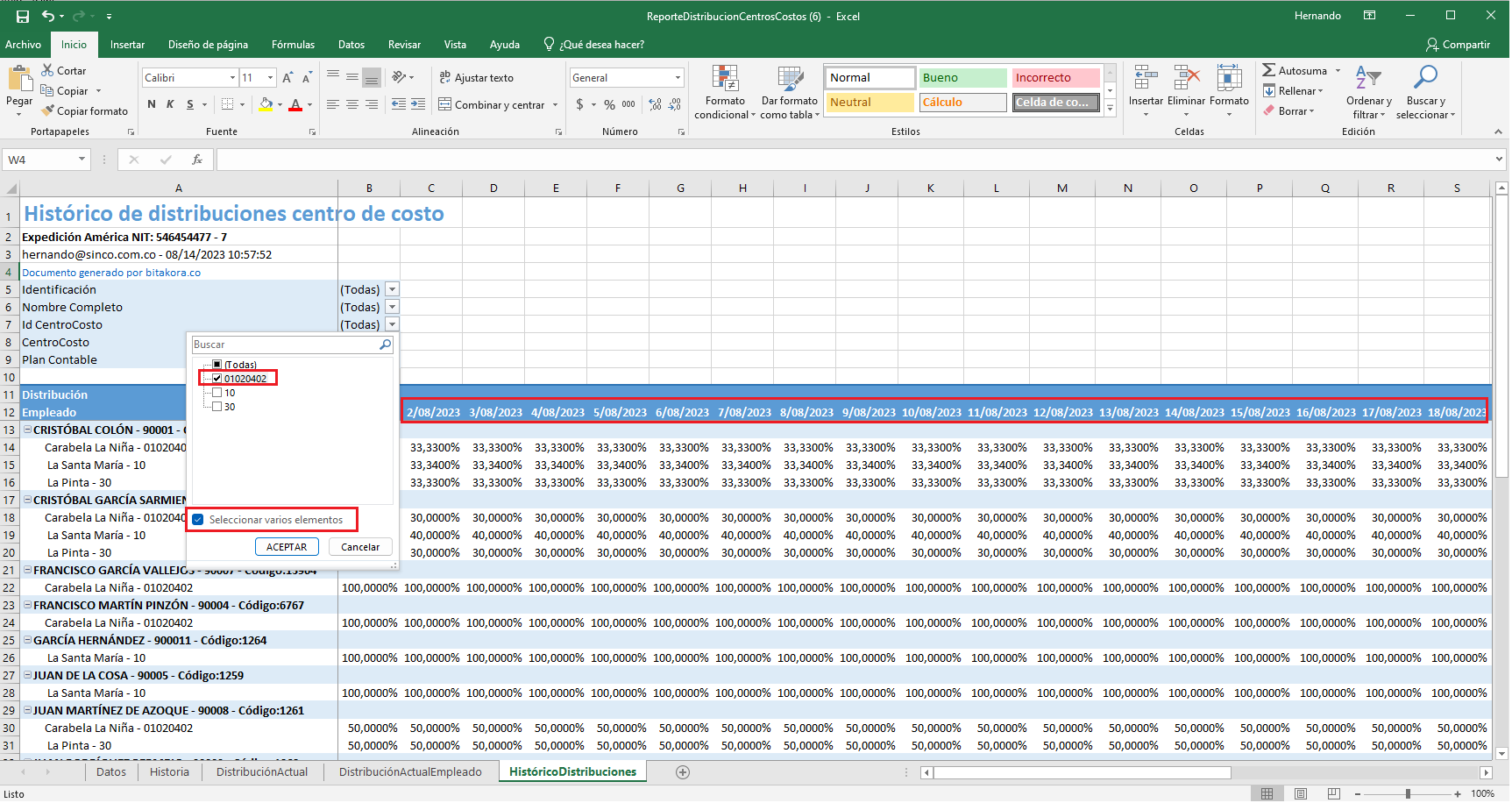 Filtrar en el Excel por el centro de costo trasladado