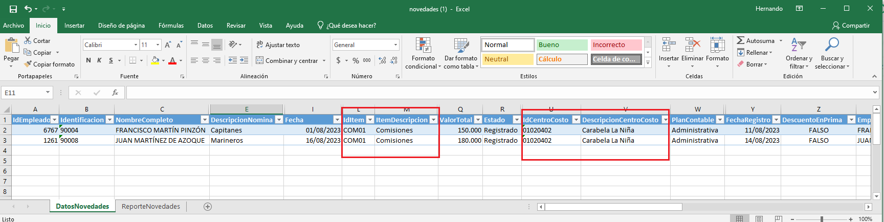 Filtrar en el Excel por el centro de costo trasladado