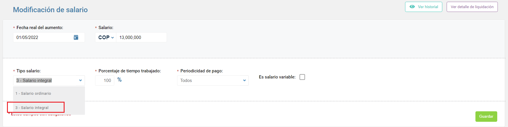 Modificar al tipo de salario integral