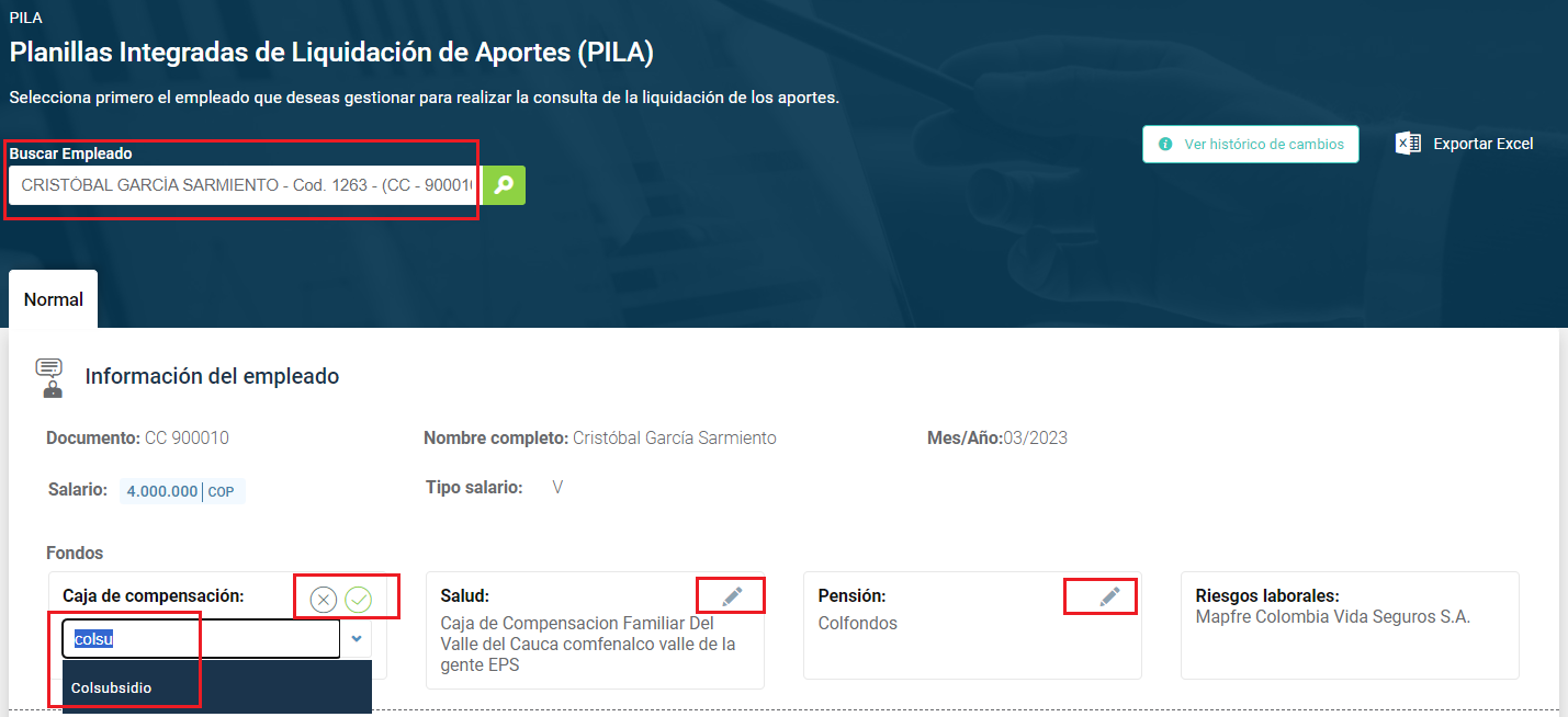 Editar los fondos de seguridad social en la planilla PILA del empleado