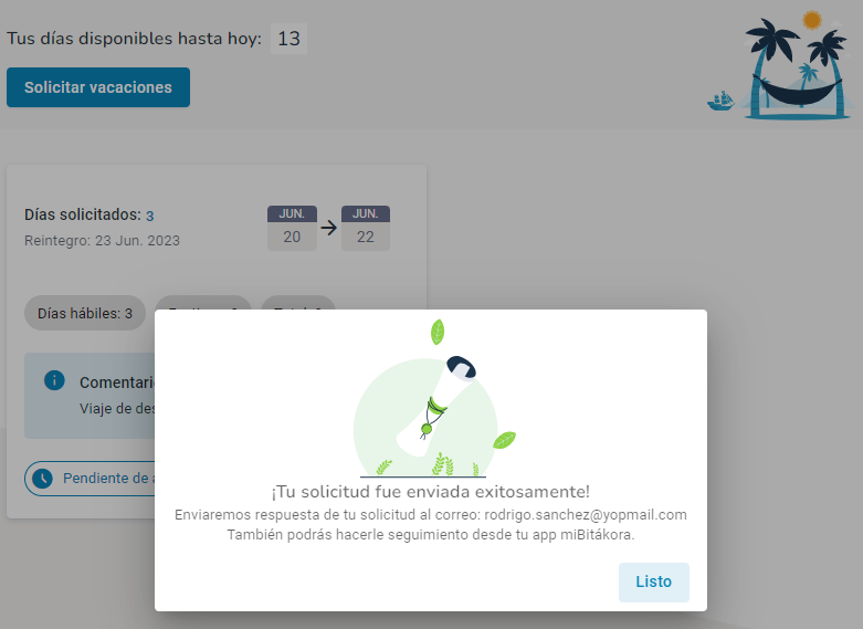 Confirmación de la solicitud de vacaciones