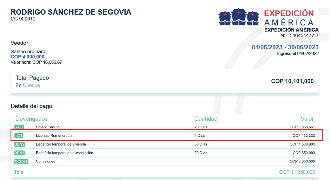 Volante de liquidación de la nómina con la ausencia