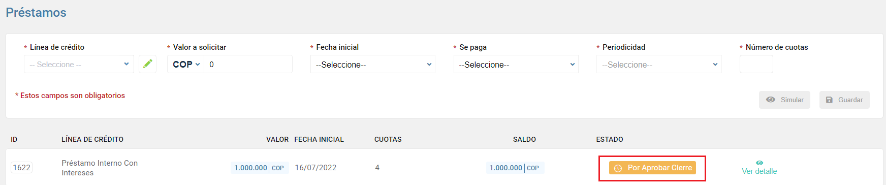 Préstamo terminado pendiente de aprobar