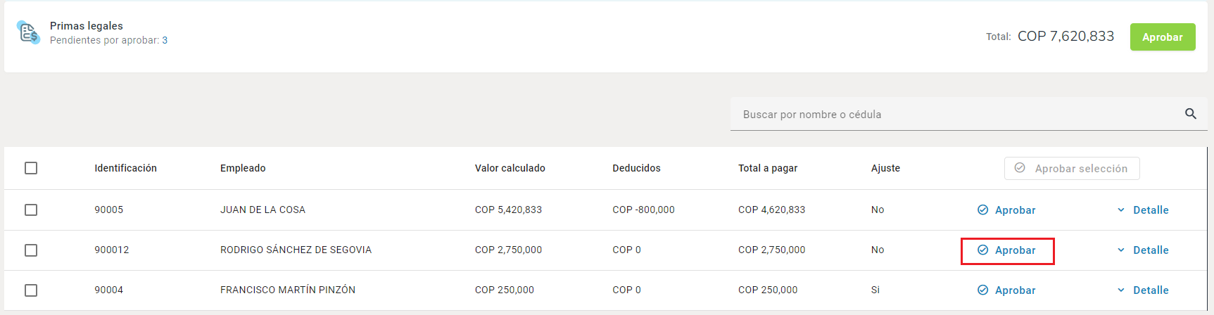 Aprobar la prima por empleado