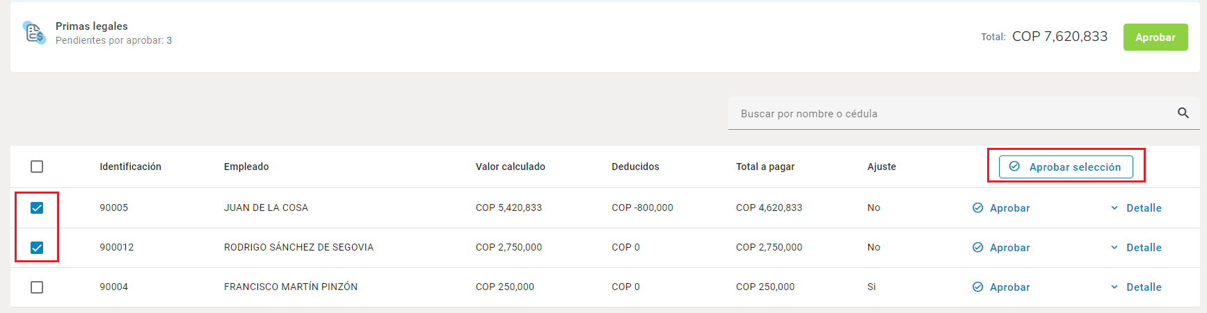 Aprobar la selección de registros de prima