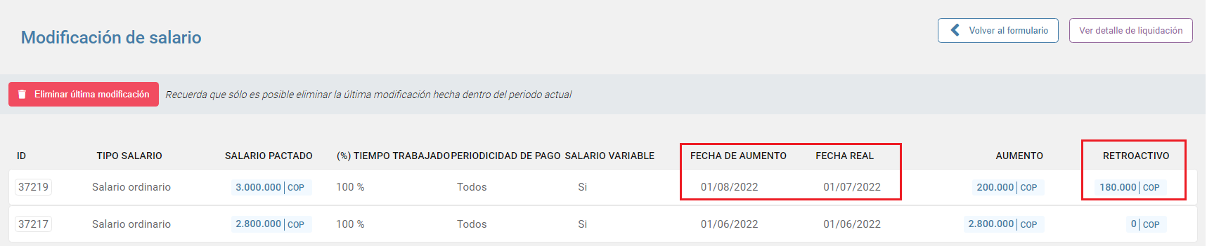 Consultar el registro de modificación de salario con el ajuste