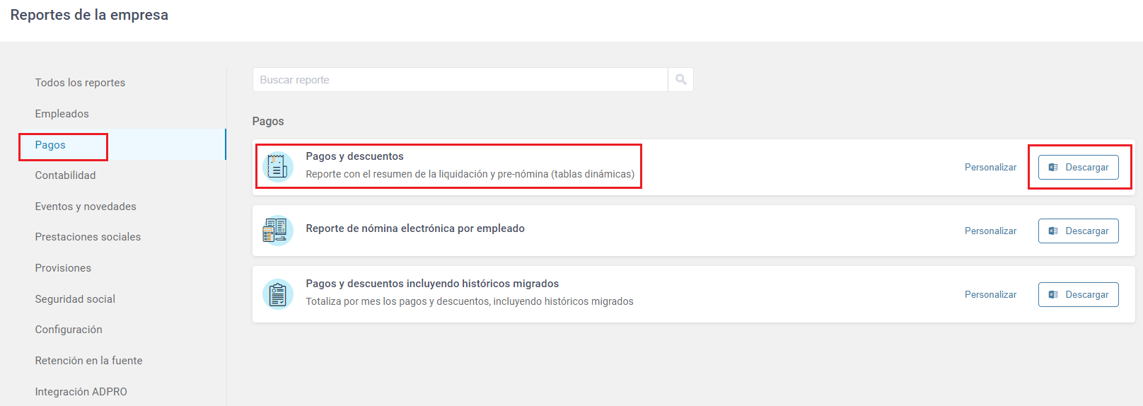 Reporte de pagos y descuentos de los empleados