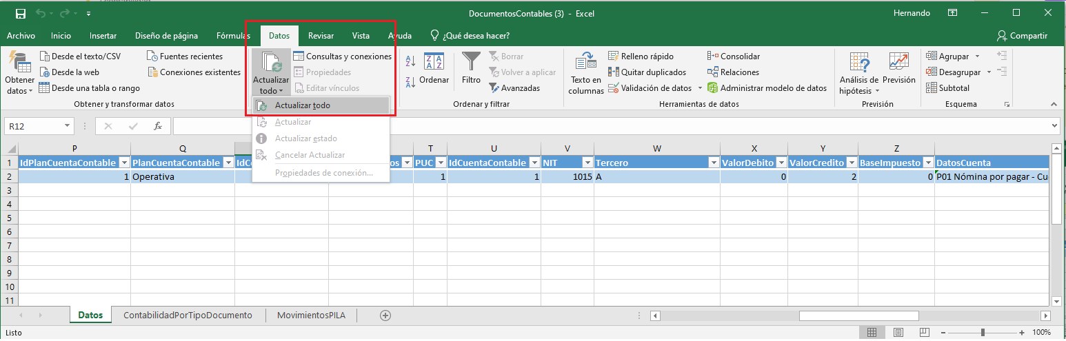 Actualizar los datos en el Excel