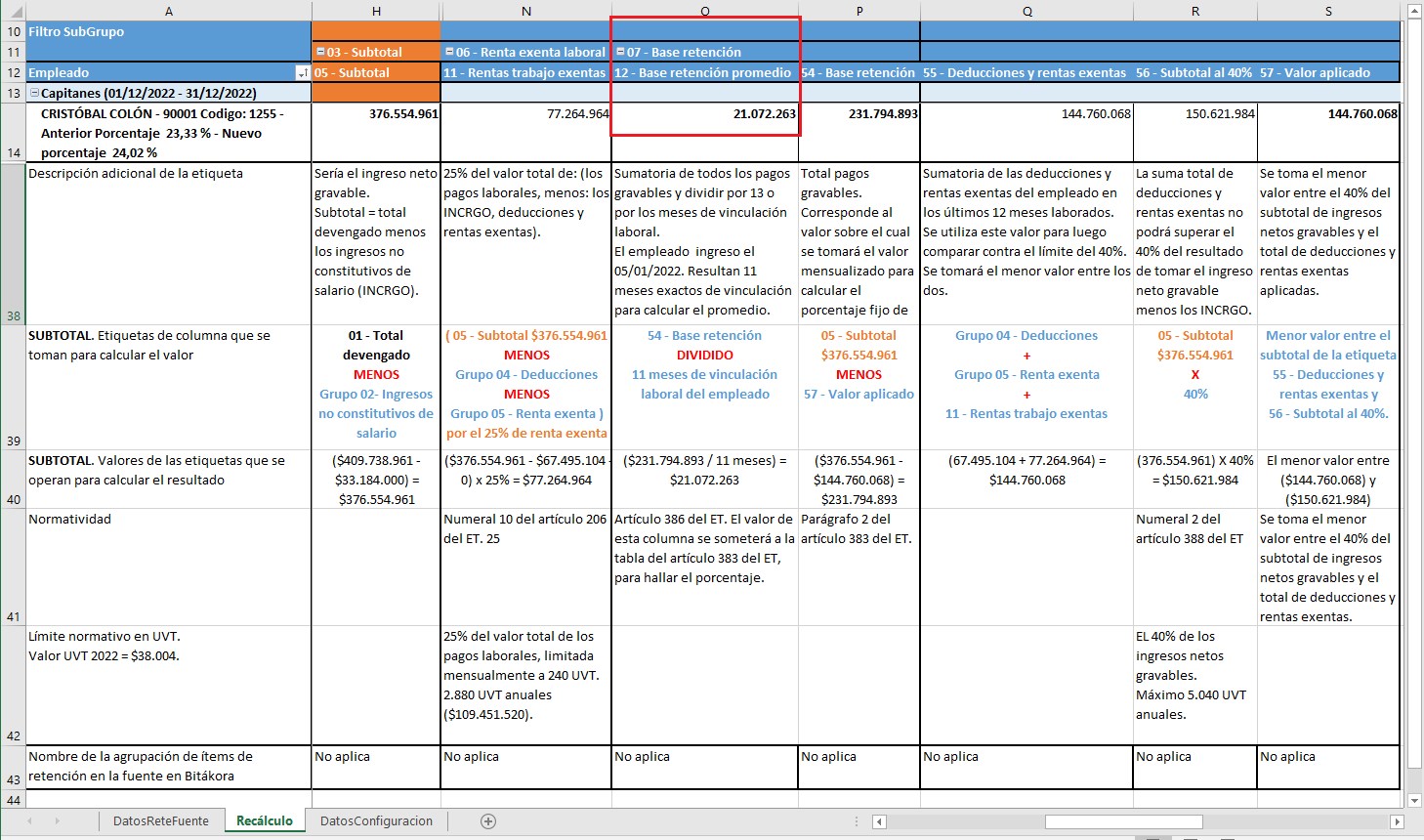 Total devengado y los INCRGO del recálculo de retención en la fuente