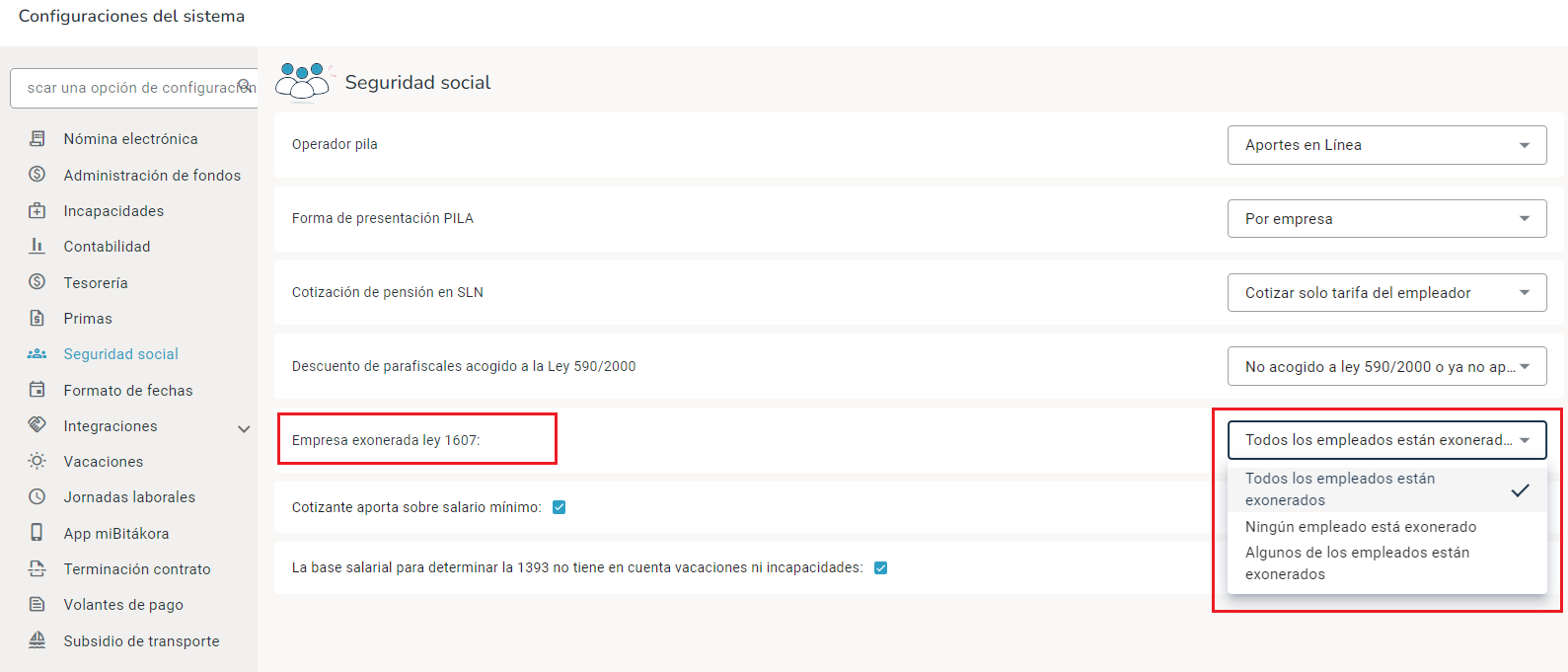 Ingreso a la opción de configuración de la seguridad social