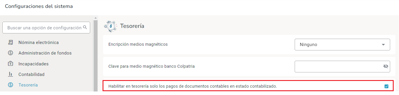 Configuración de tesorería