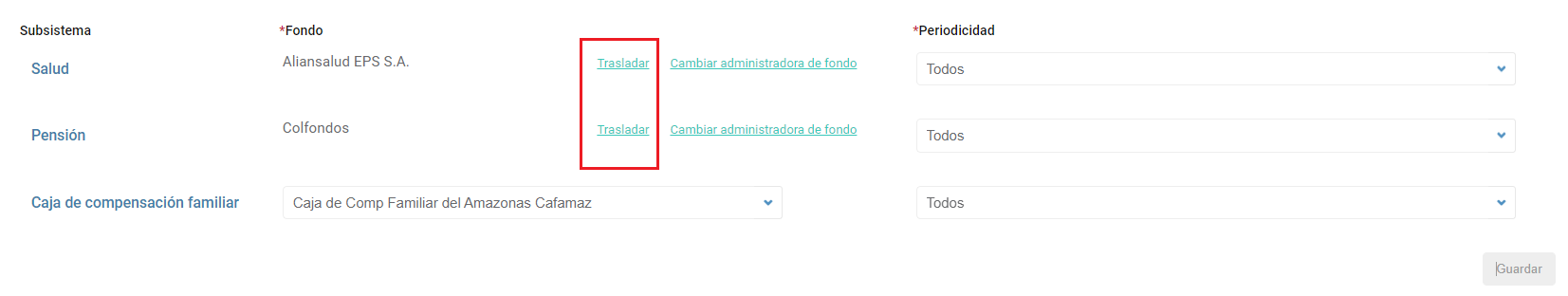 Cambio o traslado de fondos