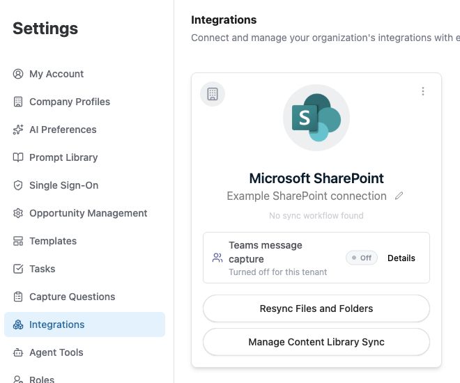 A SharePoint connection in Settings, with Manage Content Library Sync and Resync Files and Folders controls.