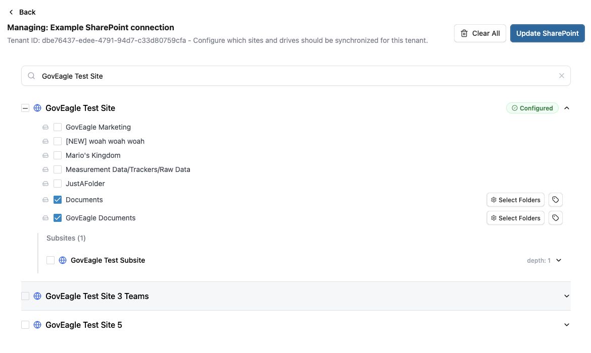 SharePoint management page with an expanded site, document-library checkboxes, Select Folders, and Update SharePoint.