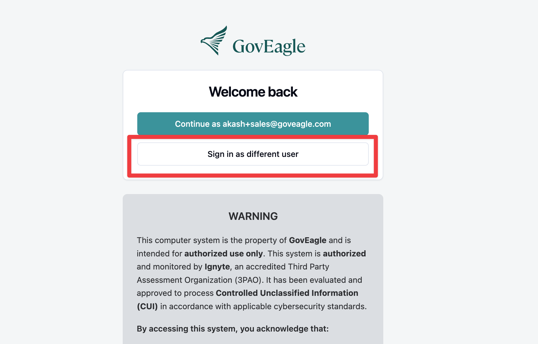 The Welcome back screen with the Sign in as different user button highlighted