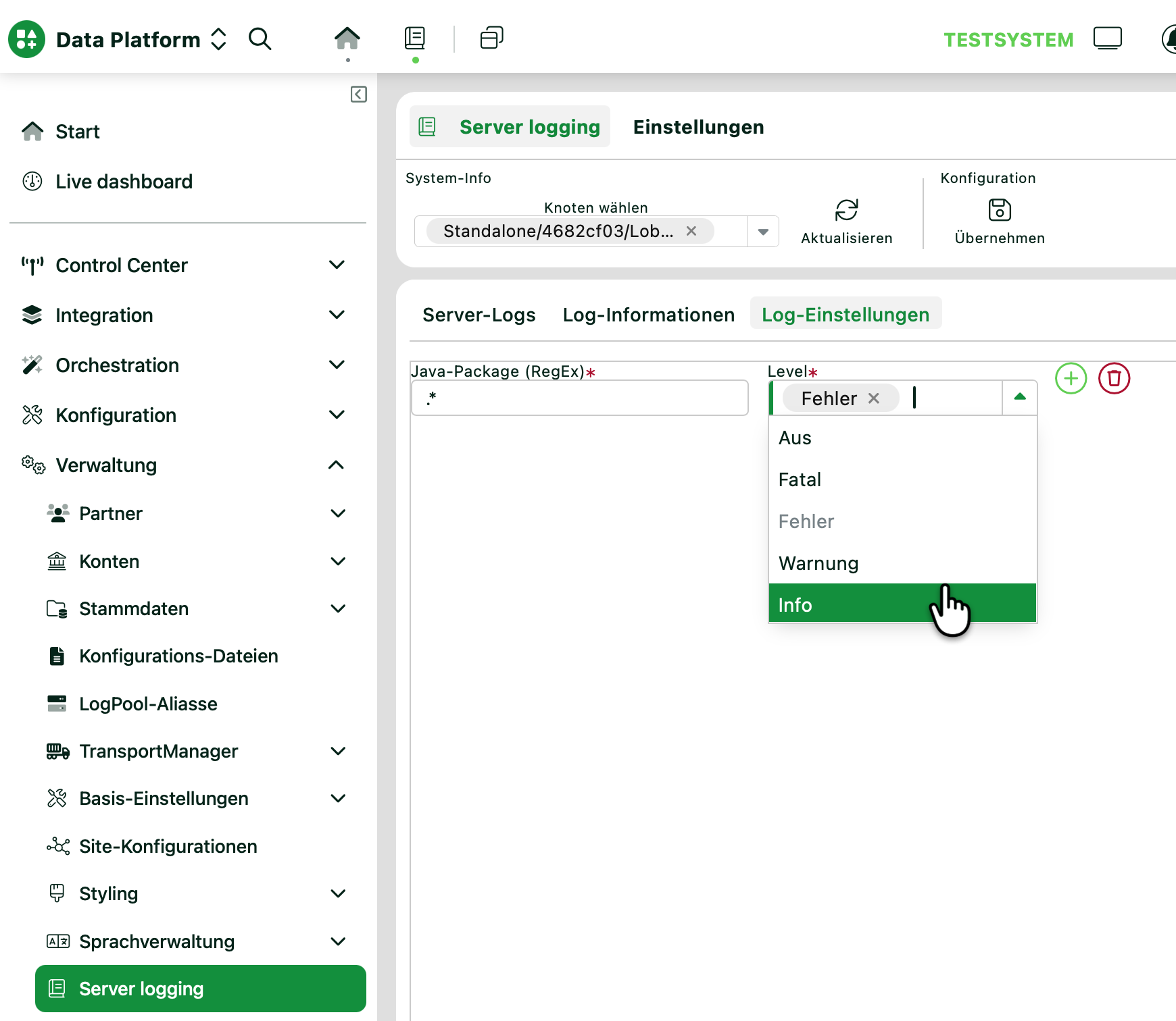 User selects log level in server logging settings interface for data platform.