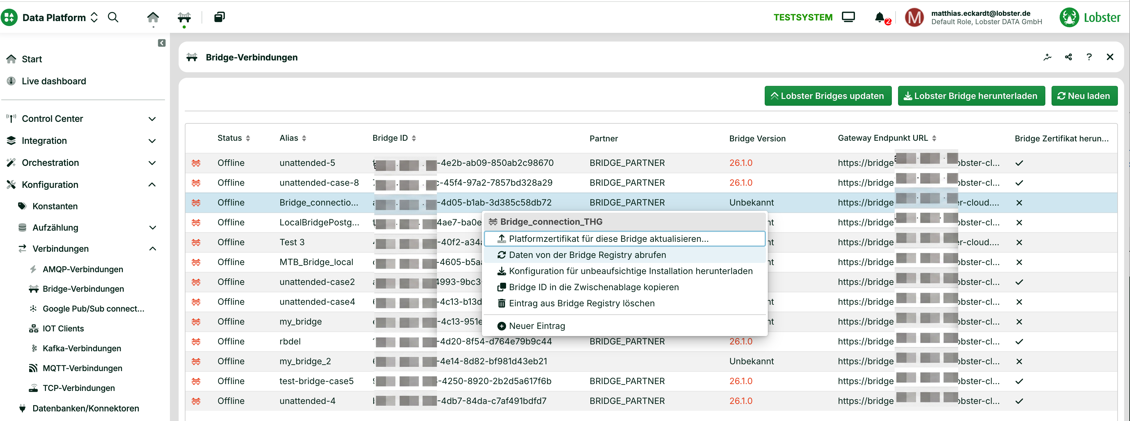Data platform interface showing offline bridge connections and configuration options.