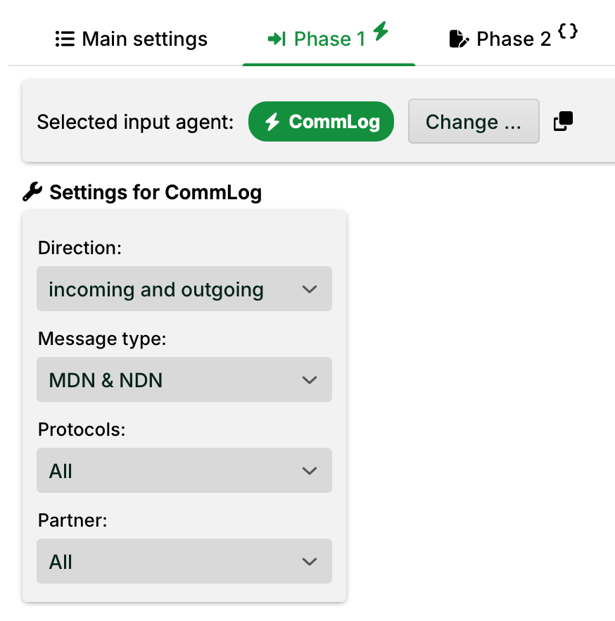 Settings for CommLog showing message direction, type, protocols, and partner options.
