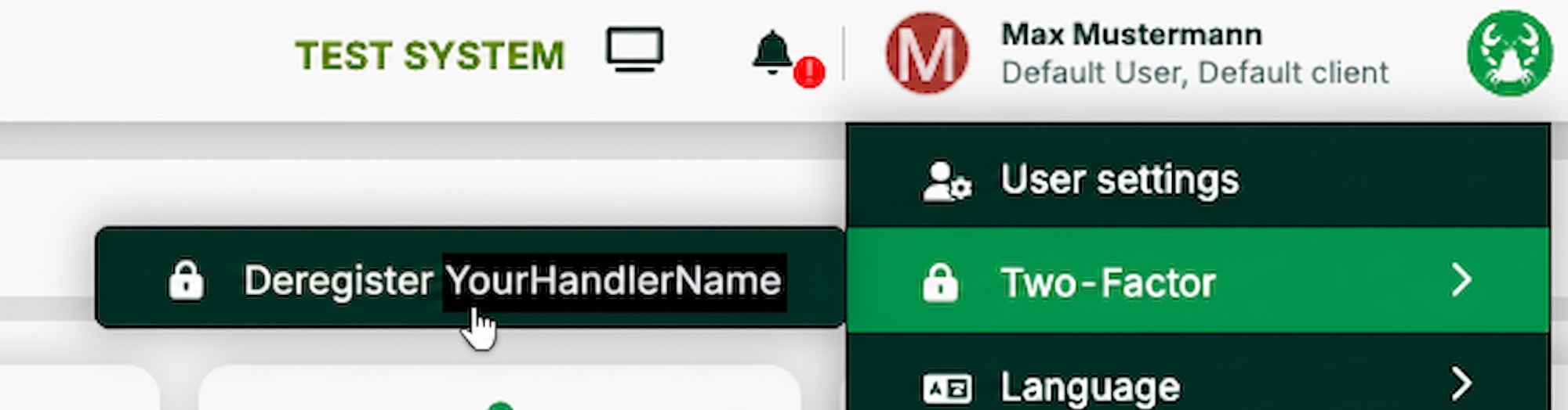 User interface showing options for deregistering and two-factor authentication settings.