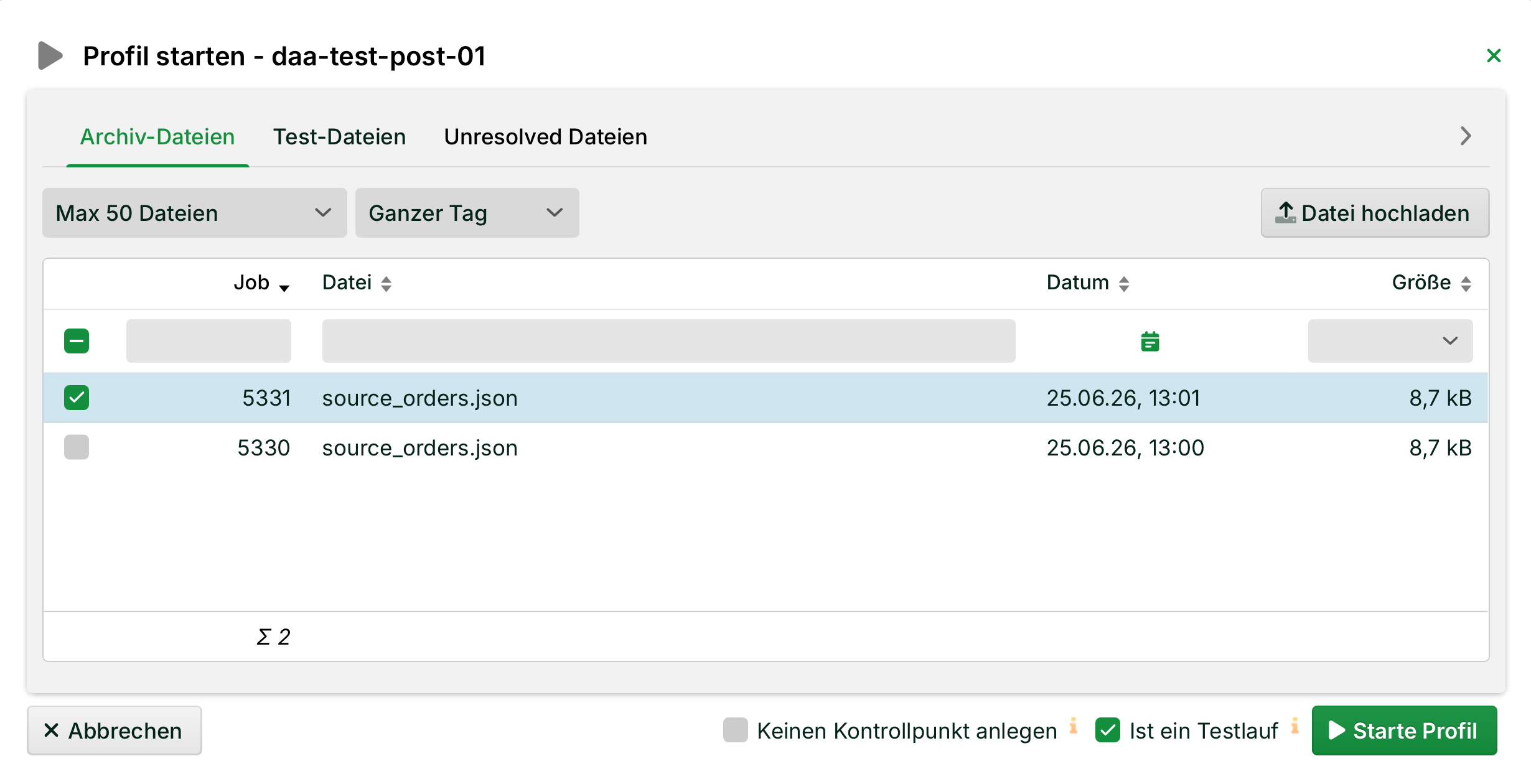 File upload interface showing selected JSON files with job details and timestamps.