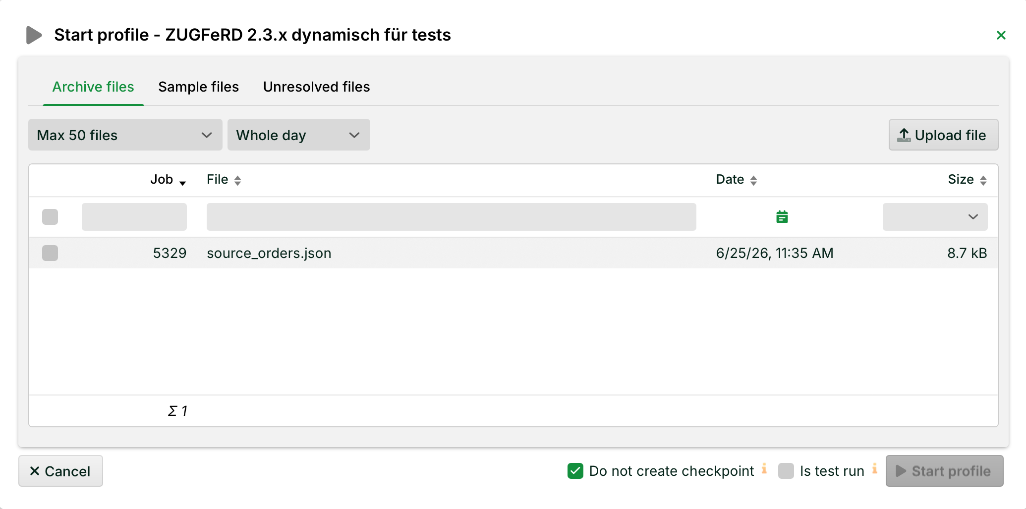 File upload interface showing archived files and their details for processing.