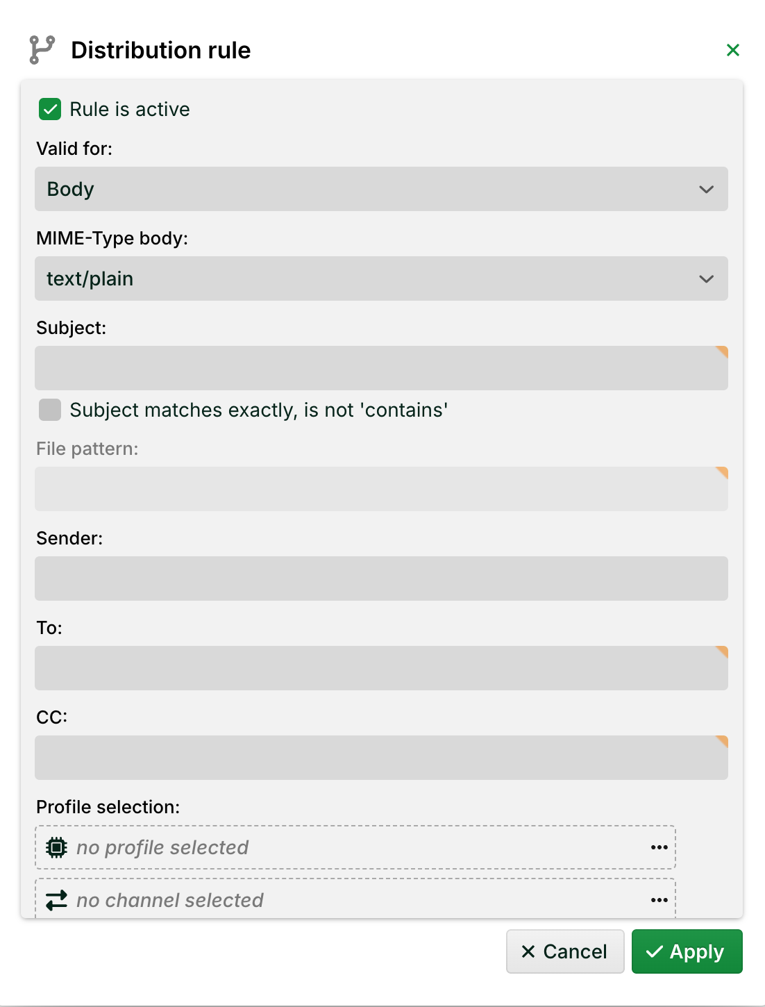 Active distribution rule settings for email body with various parameters outlined clearly.