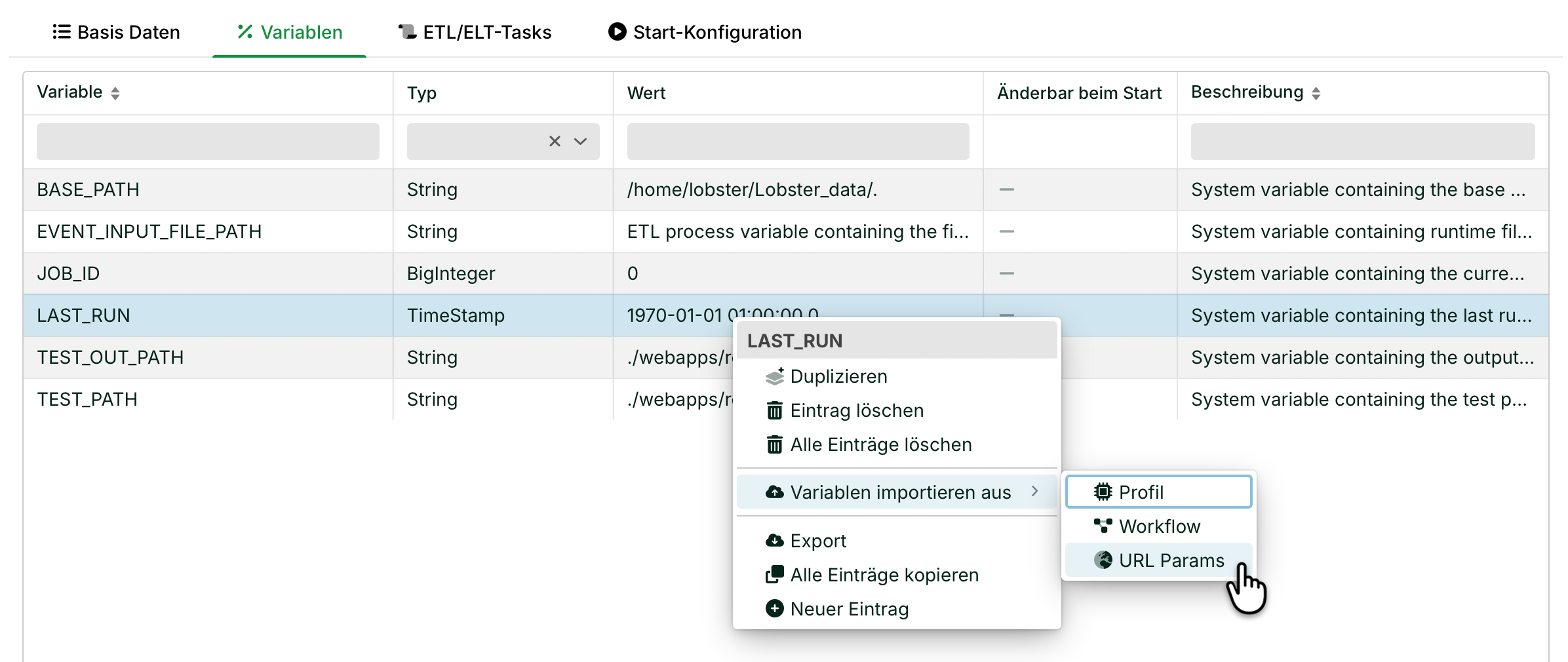 Table displaying ETL variables with highlighted options for managing the LAST_RUN variable.