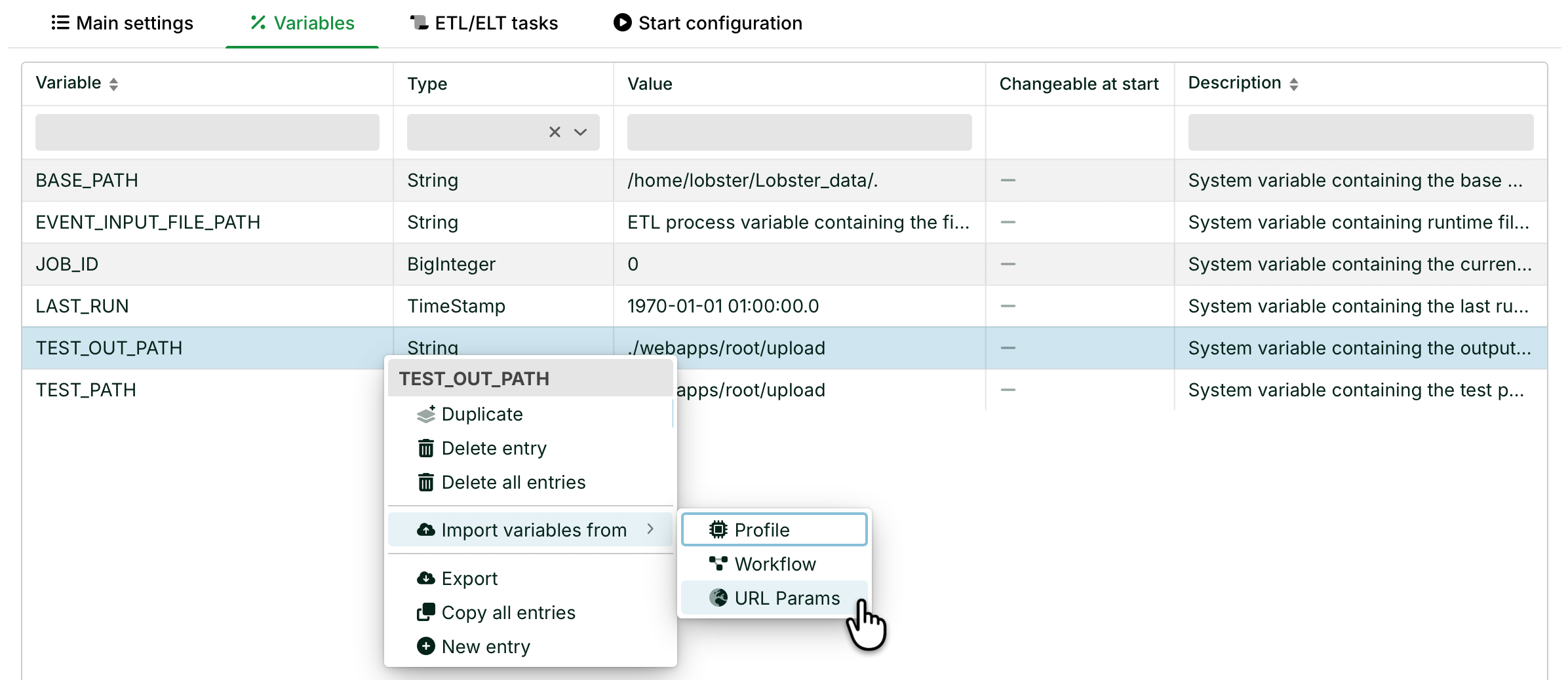 Configuration settings for ETL tasks with highlighted variable paths and options.