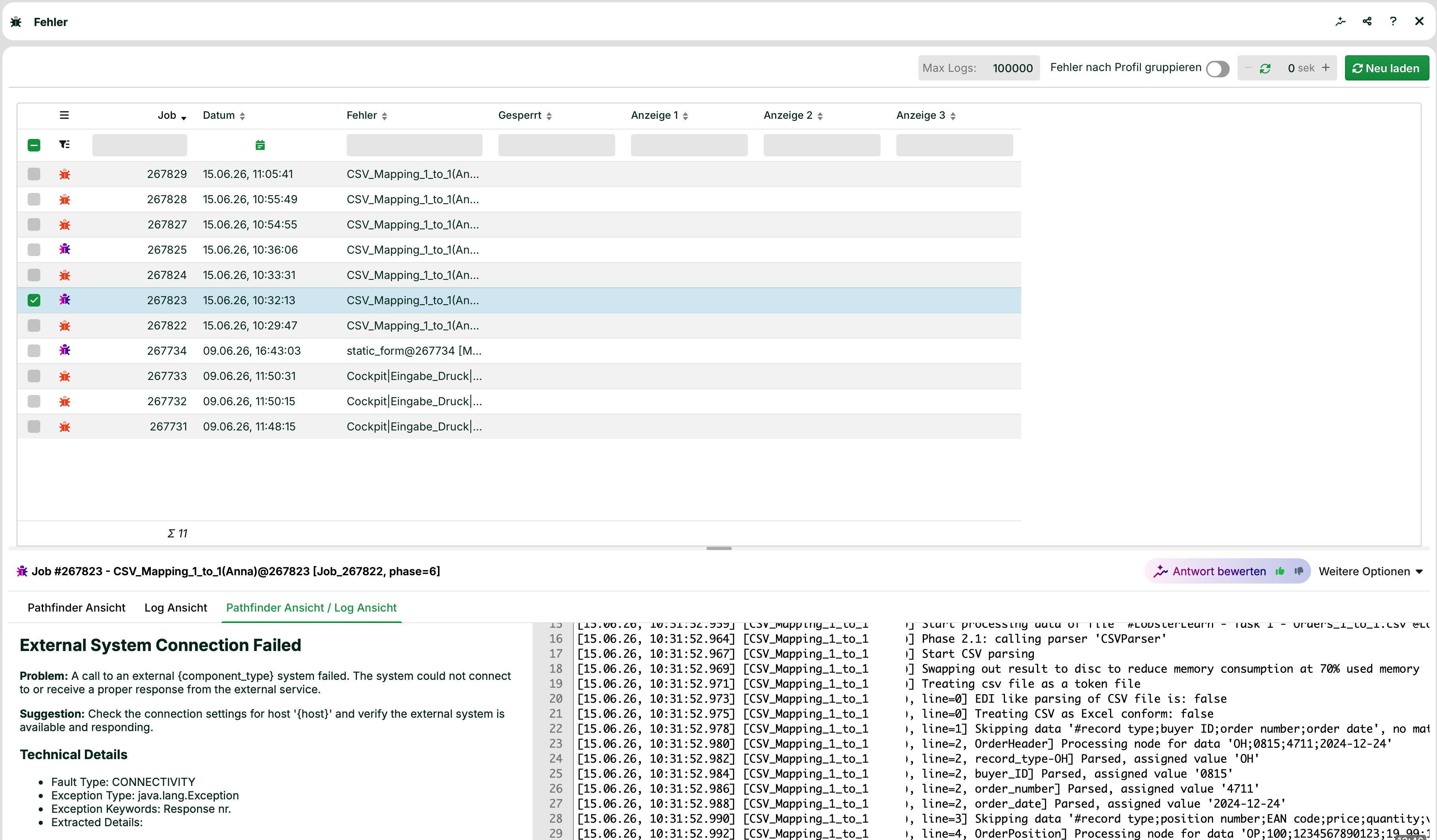 Error log displaying connection failure and CSV mapping details for job 267823.