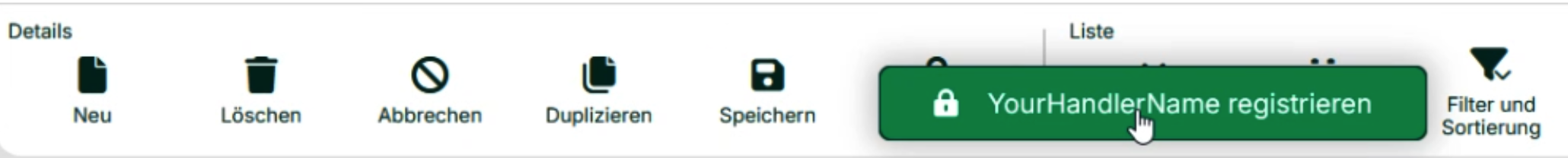 Button to register your handler name with various action icons displayed above.