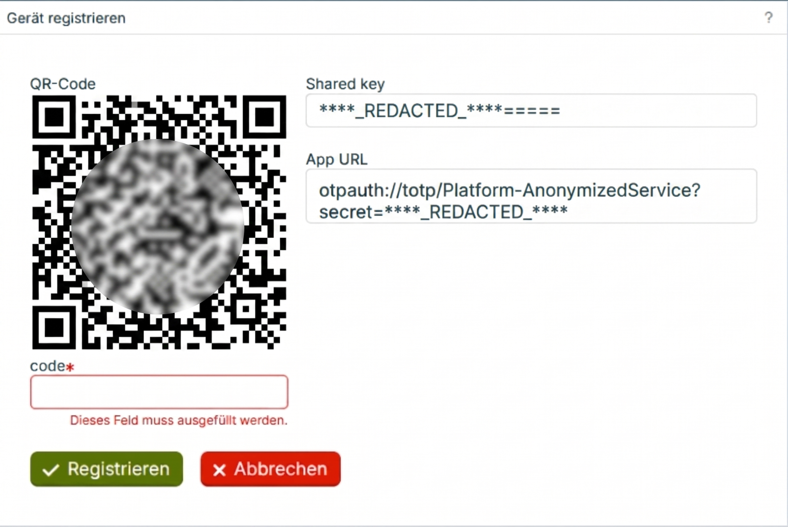 Registration interface displaying a QR code and input fields for shared key and code.