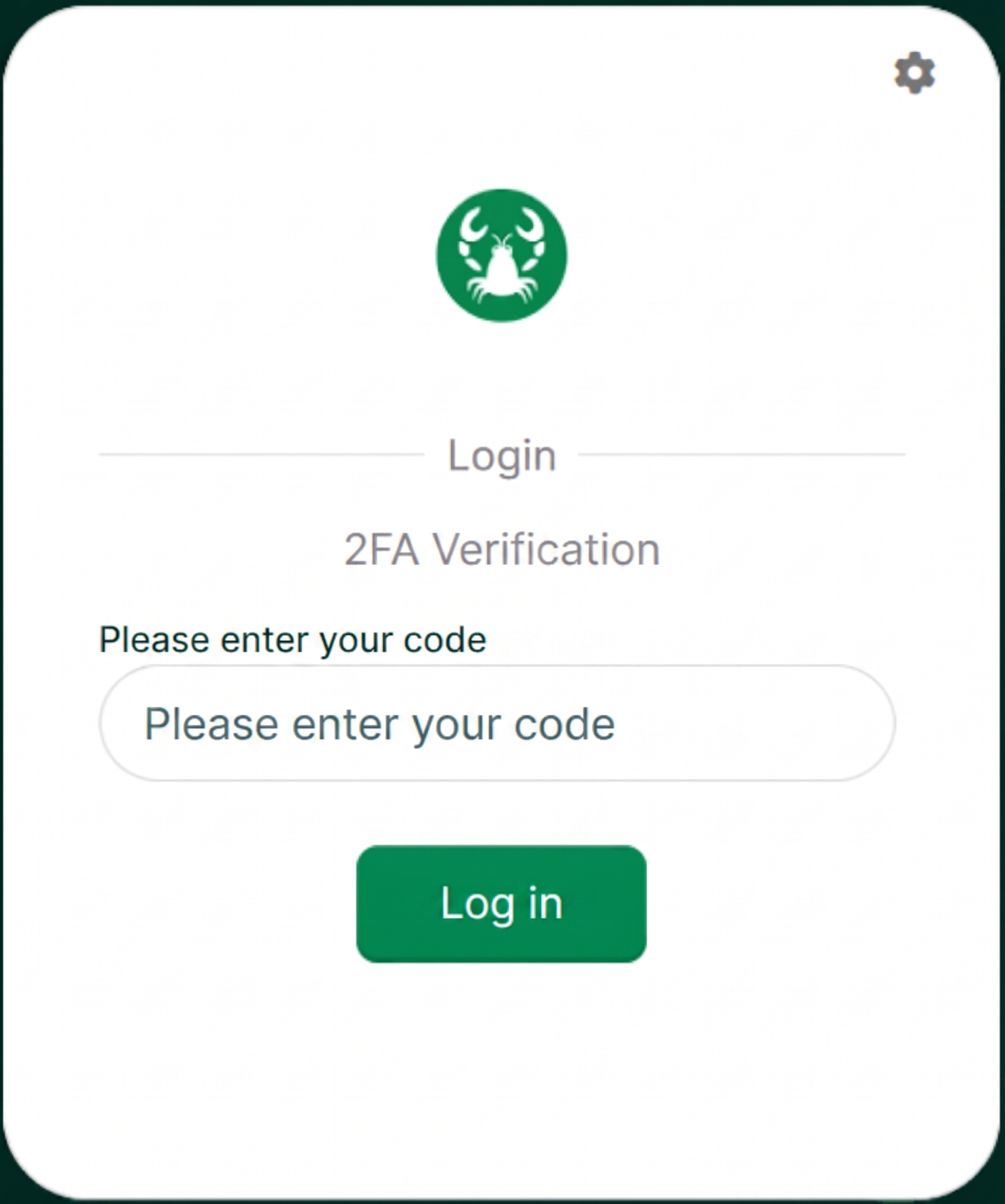 Login screen for two-factor authentication with code entry prompt and login button.