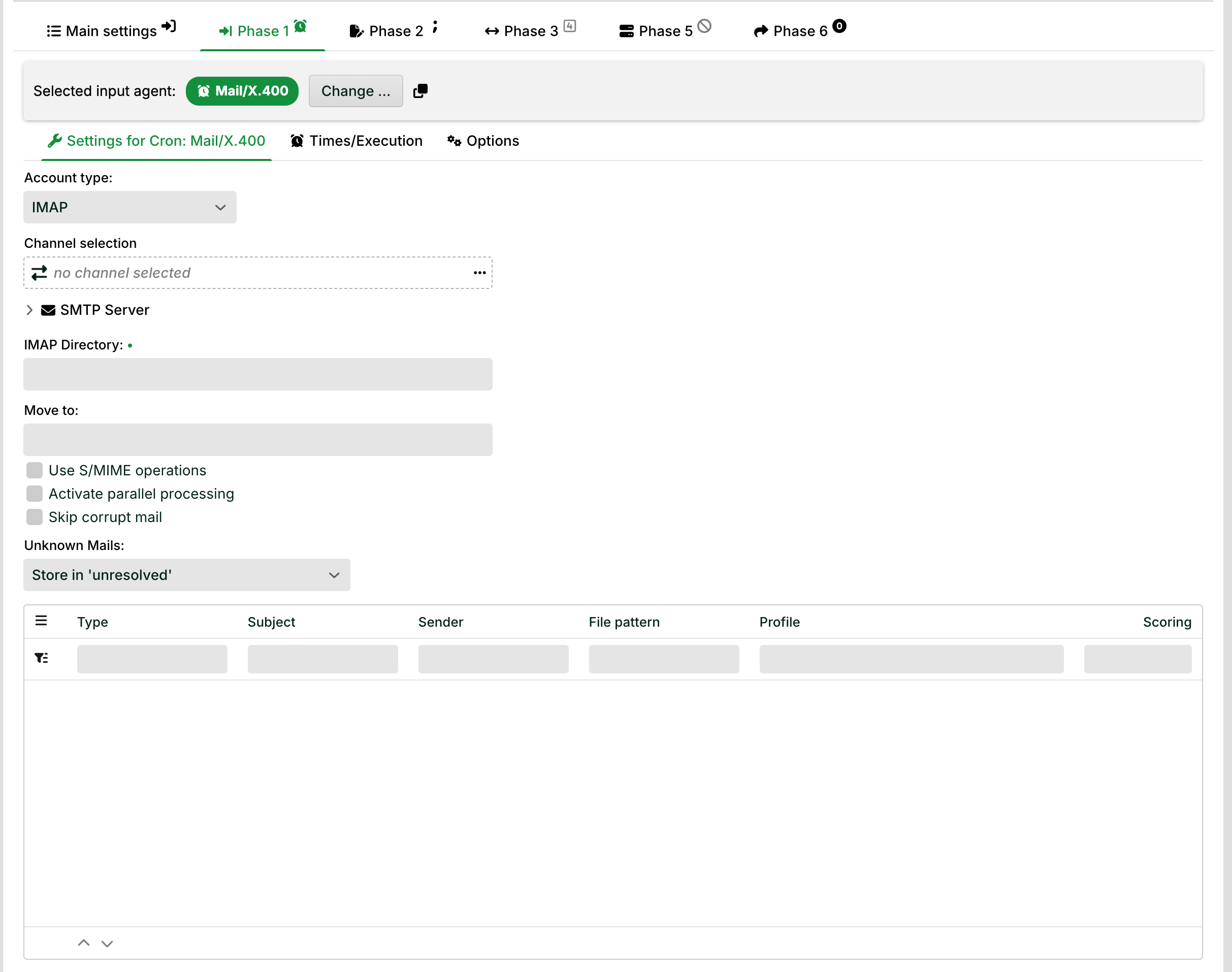 Settings interface for configuring IMAP account and email processing options.
