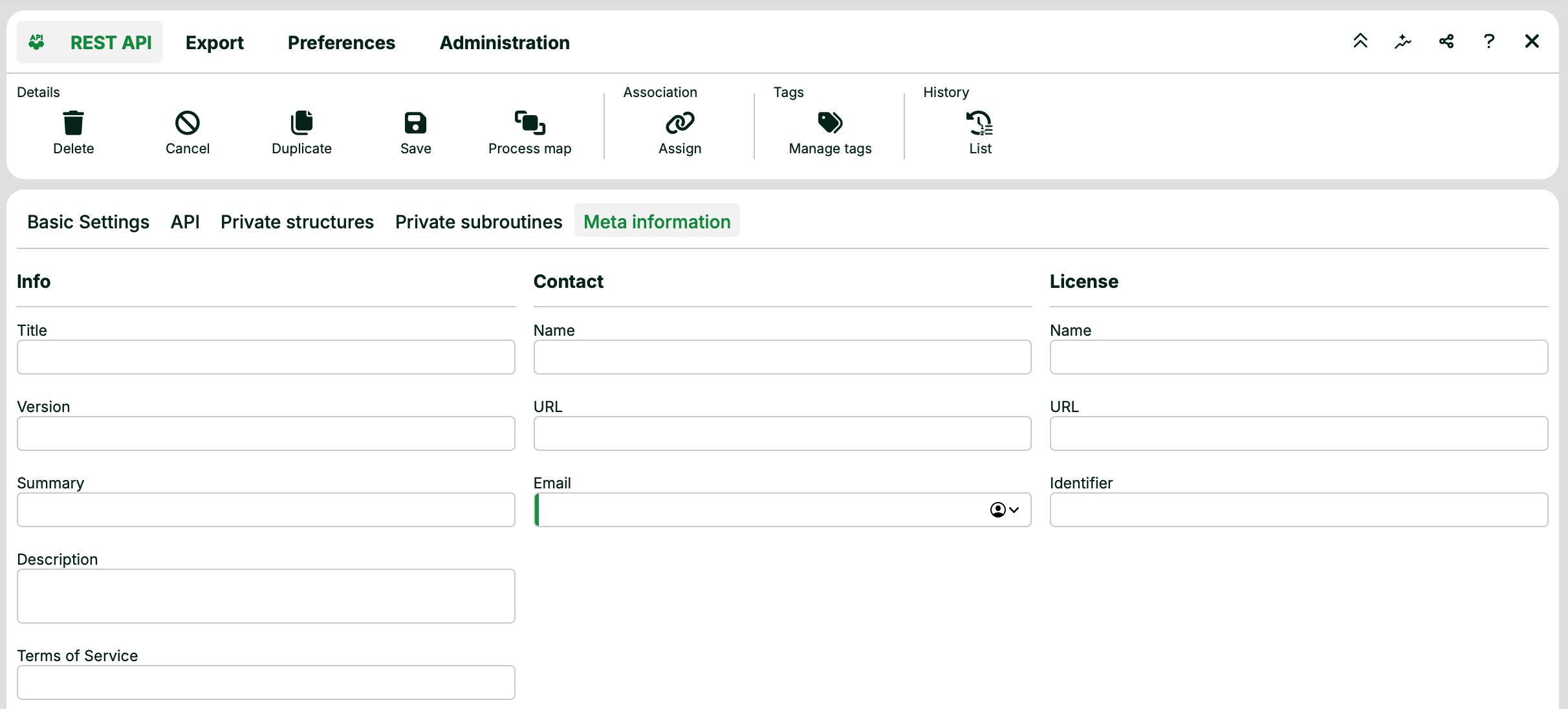 User interface for REST API settings, including fields for title, version, and contact.