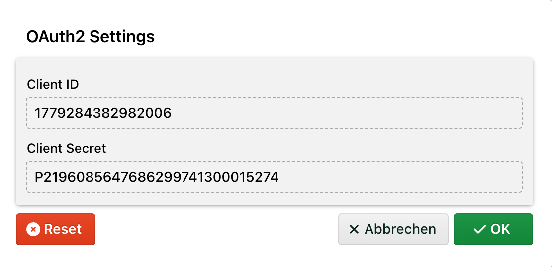 OAuth2 settings displaying Client ID and Client Secret with action buttons below.