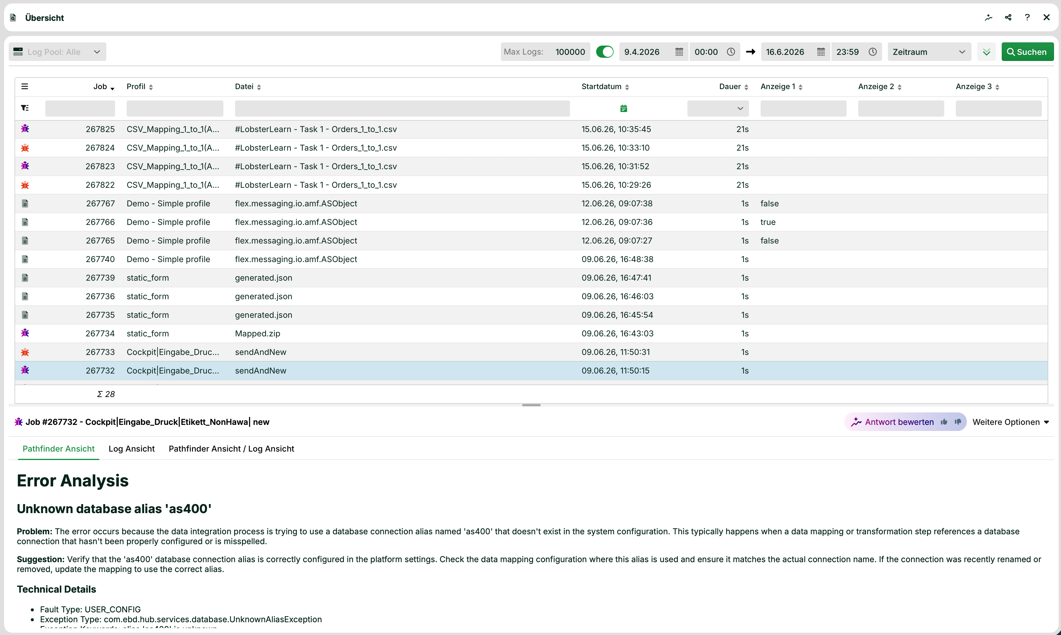Error analysis for database connection issue with alias 'as400' in the system configuration.