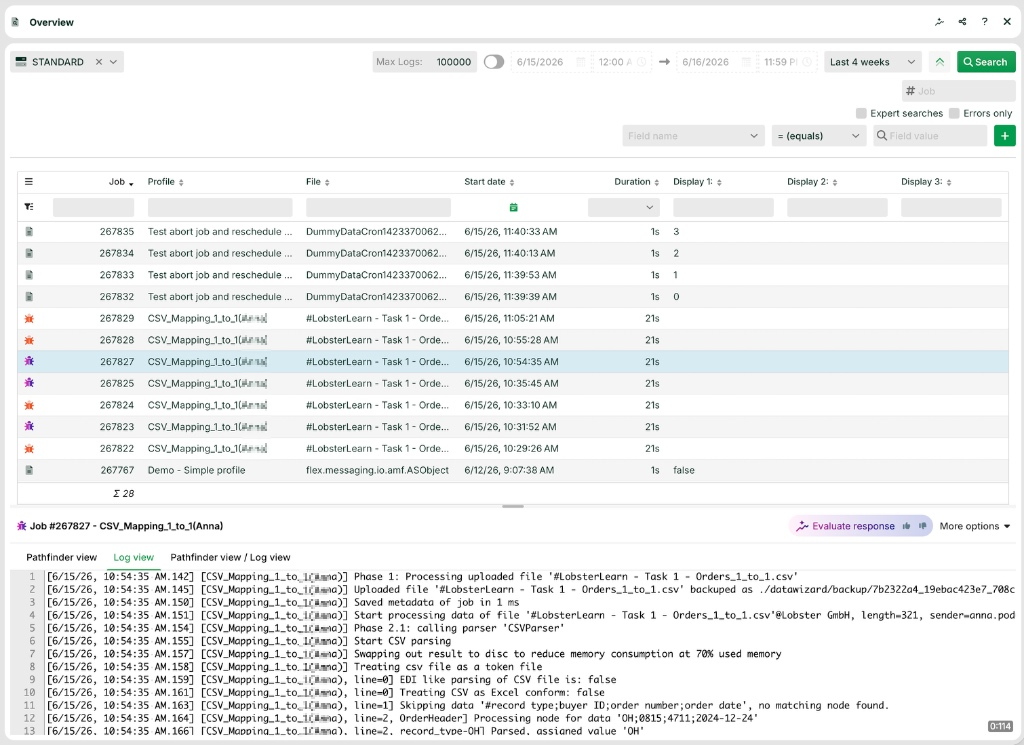 Overview of job logs with details on duration and status for CSV mapping tasks.