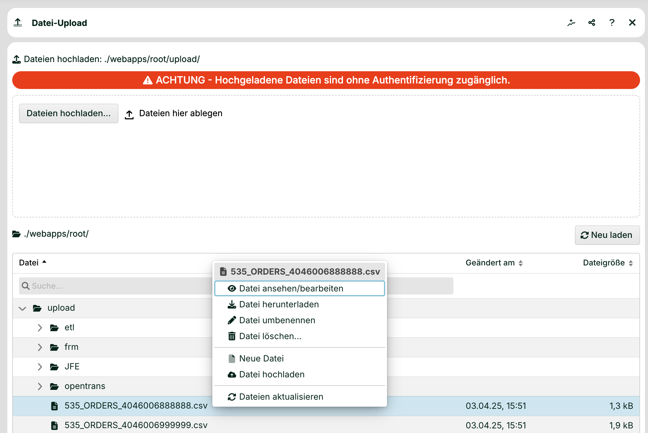 File upload interface showing warning about unauthorized file access and file options.