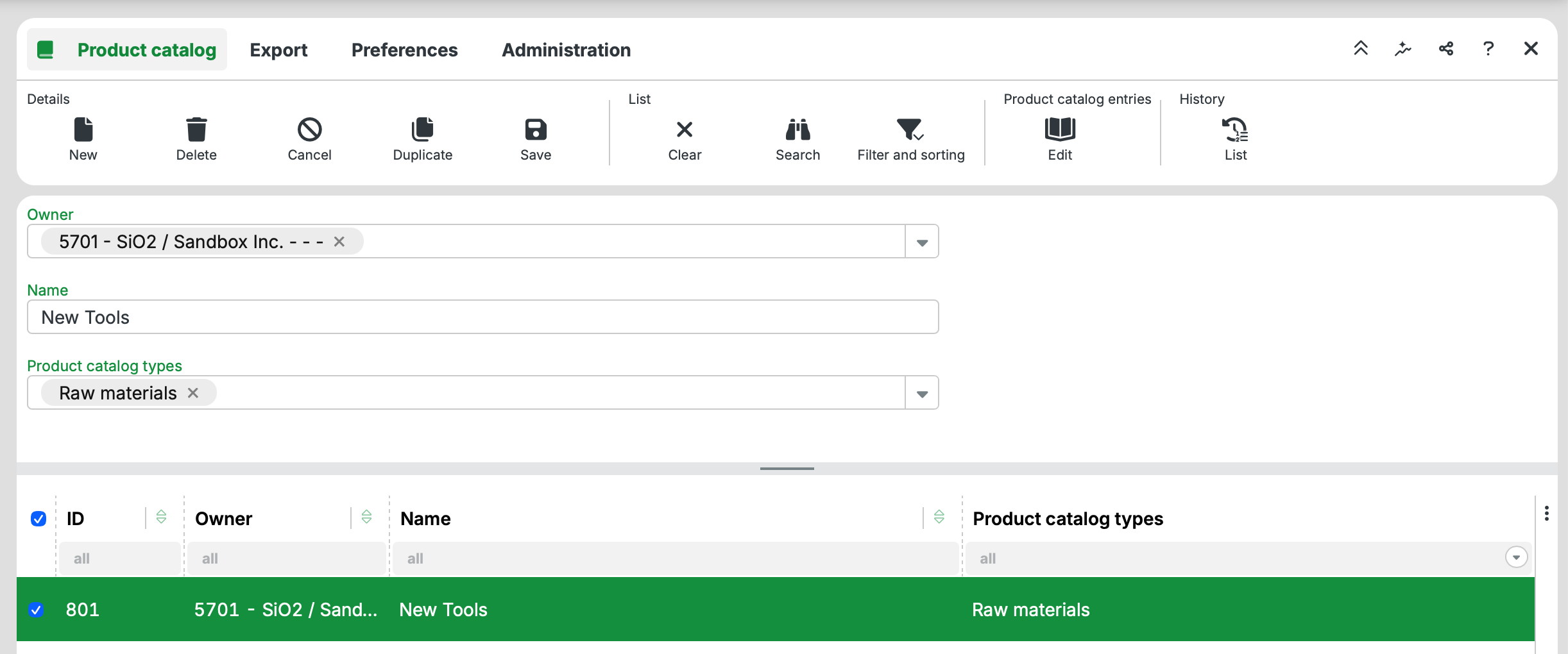 Product catalog interface displaying owner, name, and catalog types for new tools.