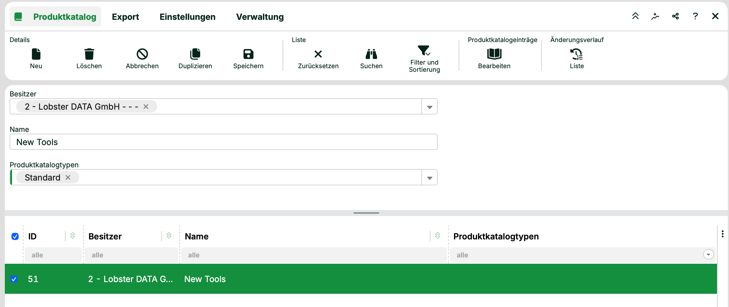 Produktkatalog-Übersicht mit Toolbar und Eingabeformular für Produktkatalogeigenschaften.