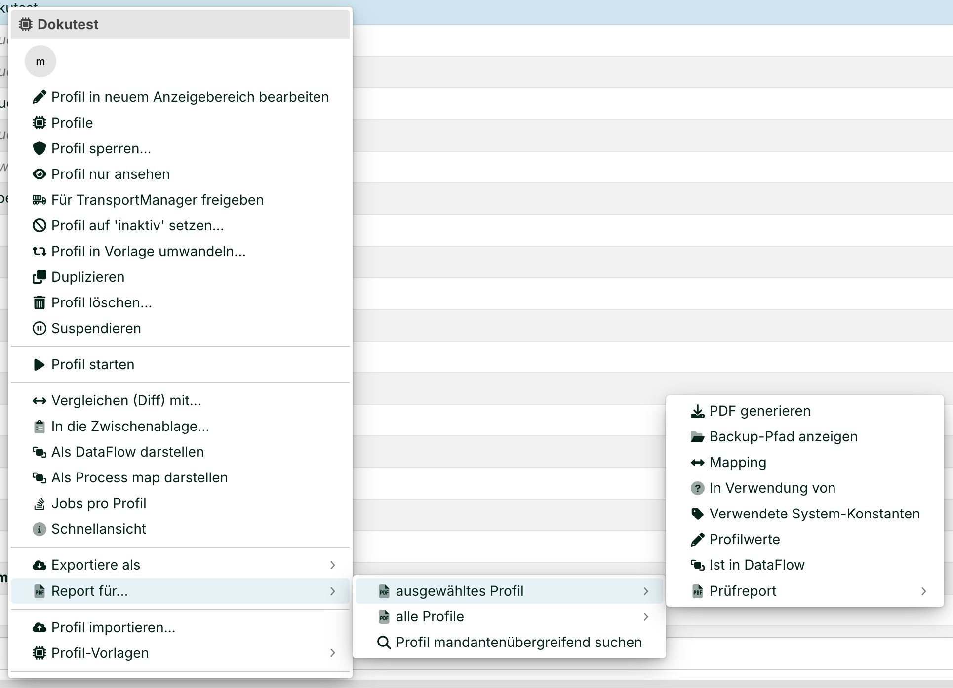 Menu options for profile management and report generation in a Lobster application interface.