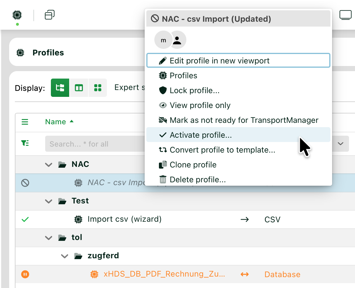 Menu options for editing and managing profiles in a CSV import interface.