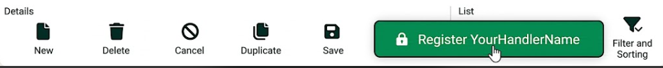 User interface showing options to register, save, delete, and manage items.