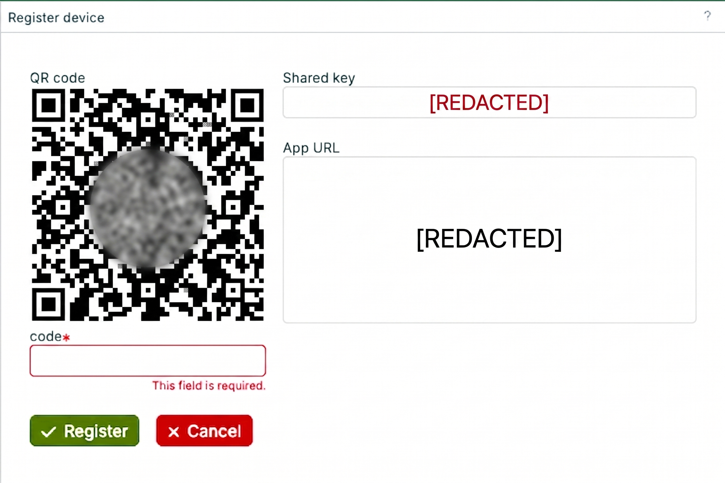 Device registration interface displaying a QR code and required fields for input.