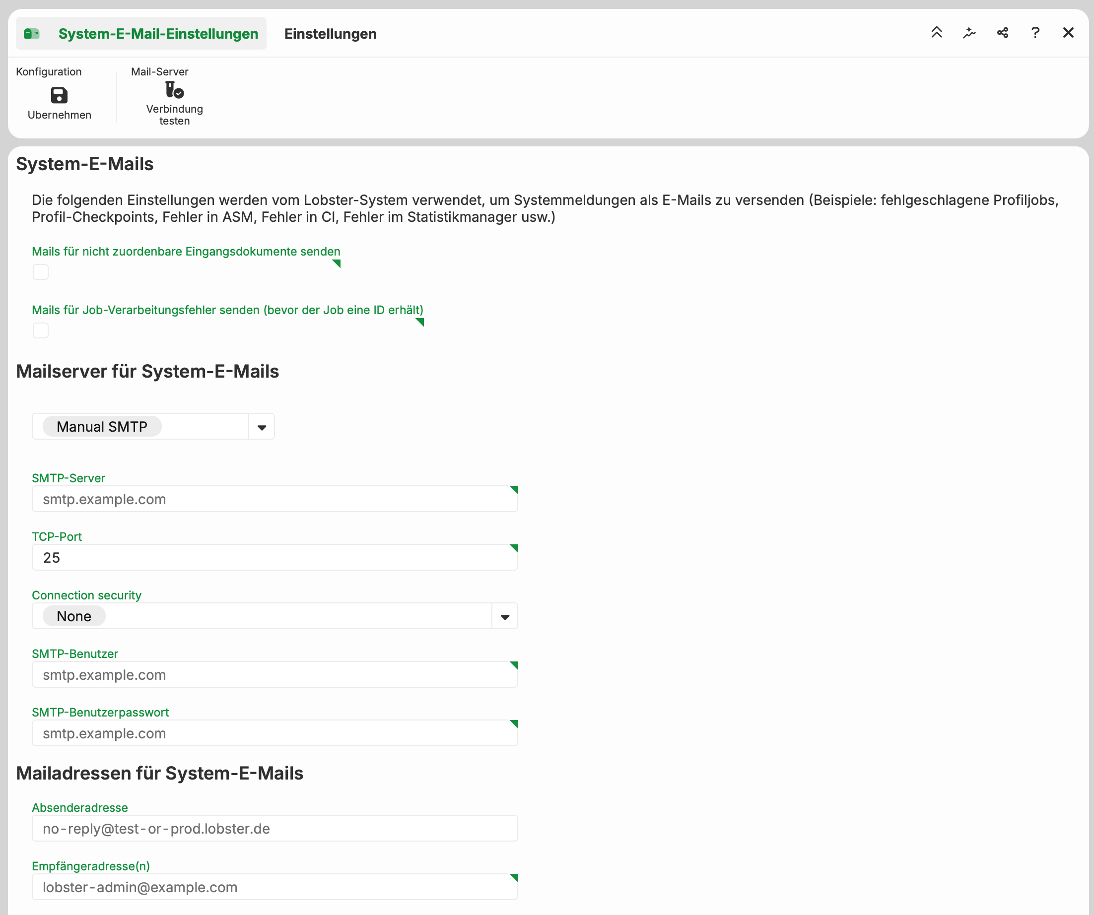 Übersicht der System-E-Mail-Einstellungen mit Werkzeugleiste, Systemmeldungen und Mailserver-Konfiguration