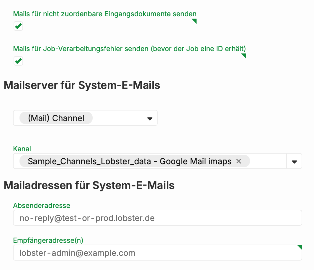 Zwei Checkboxen für Systemmeldungen: nicht zuordenbare Eingangsdokumente und Job-Verarbeitungsfehler